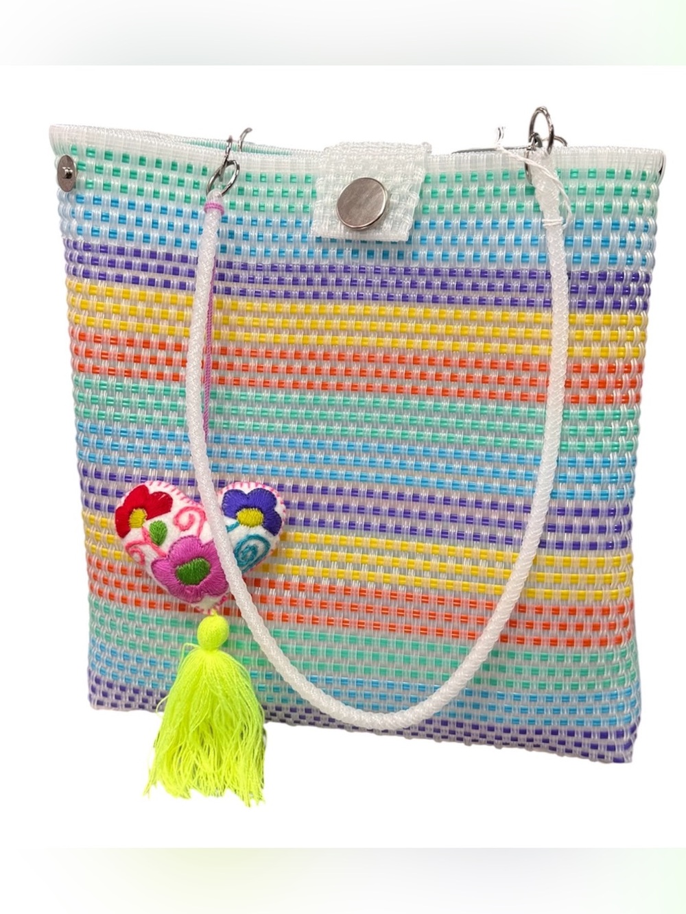 Mexican Colorful Hand Woven Tote Bag with a Hand Embroidered Heart Pompom